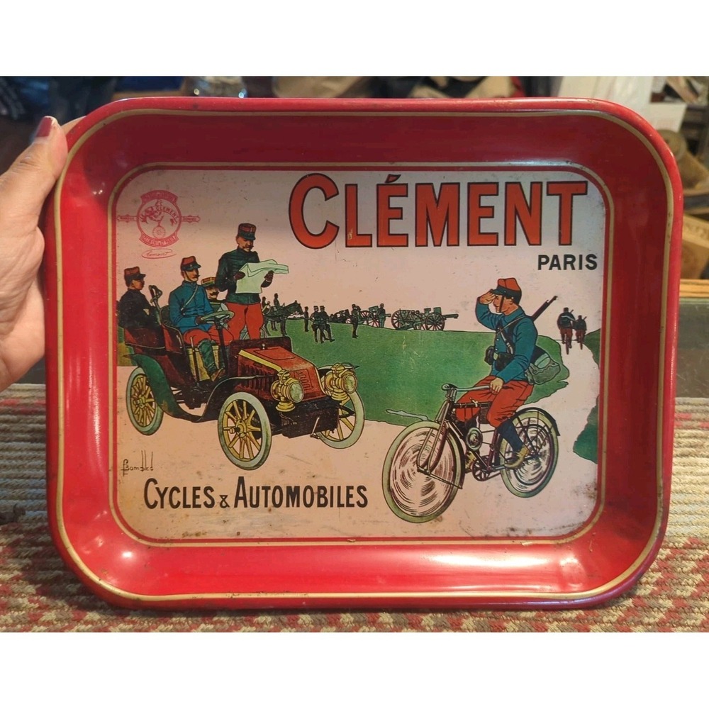 Vintage Red Tin Tray Cycles & Automobile Advertisement Clement Paris